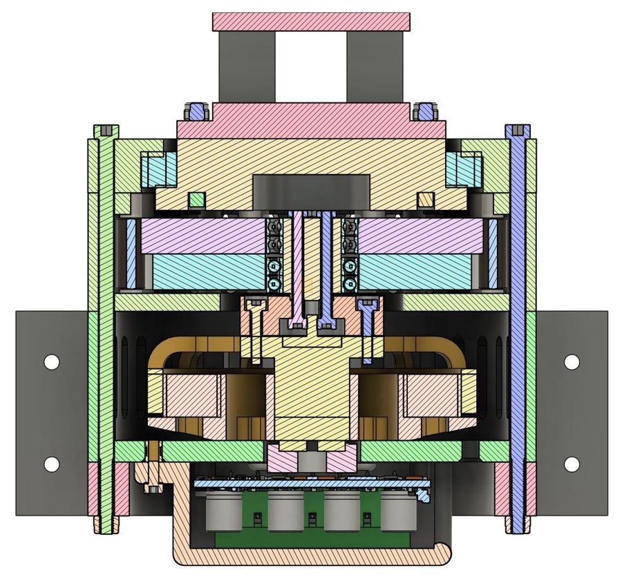 Color-coded CAD cross-section of OpenCycloid showing the brushless motor, two cycloidal disks and the output bearing.